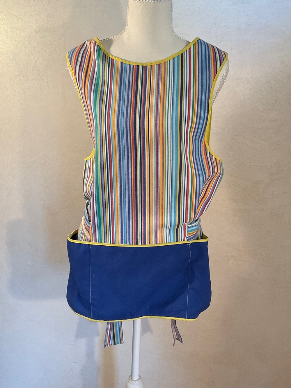 Handmade vintage Striped Multicolor Apron with Blue Pocket
